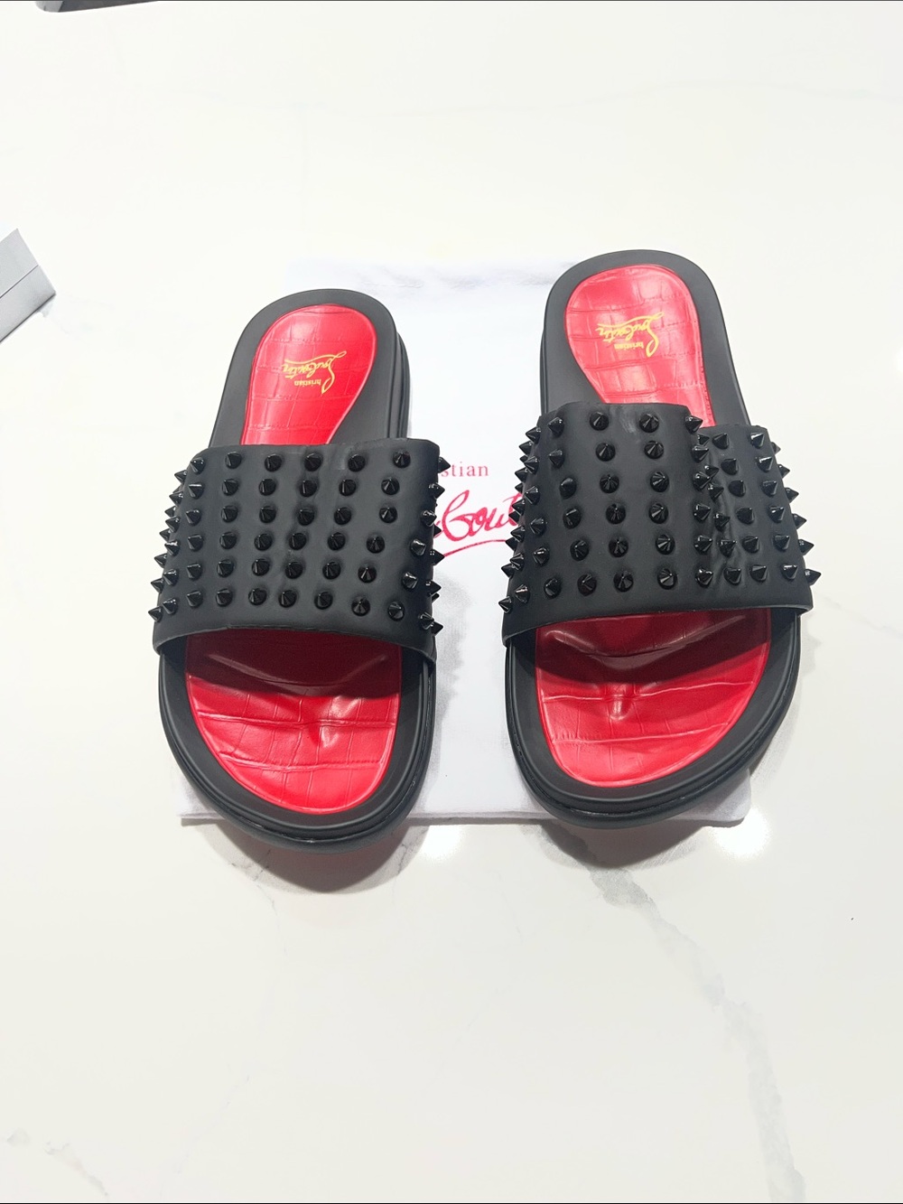 Christian Louboutin Black Studded Slide Sandals with Red Footbed